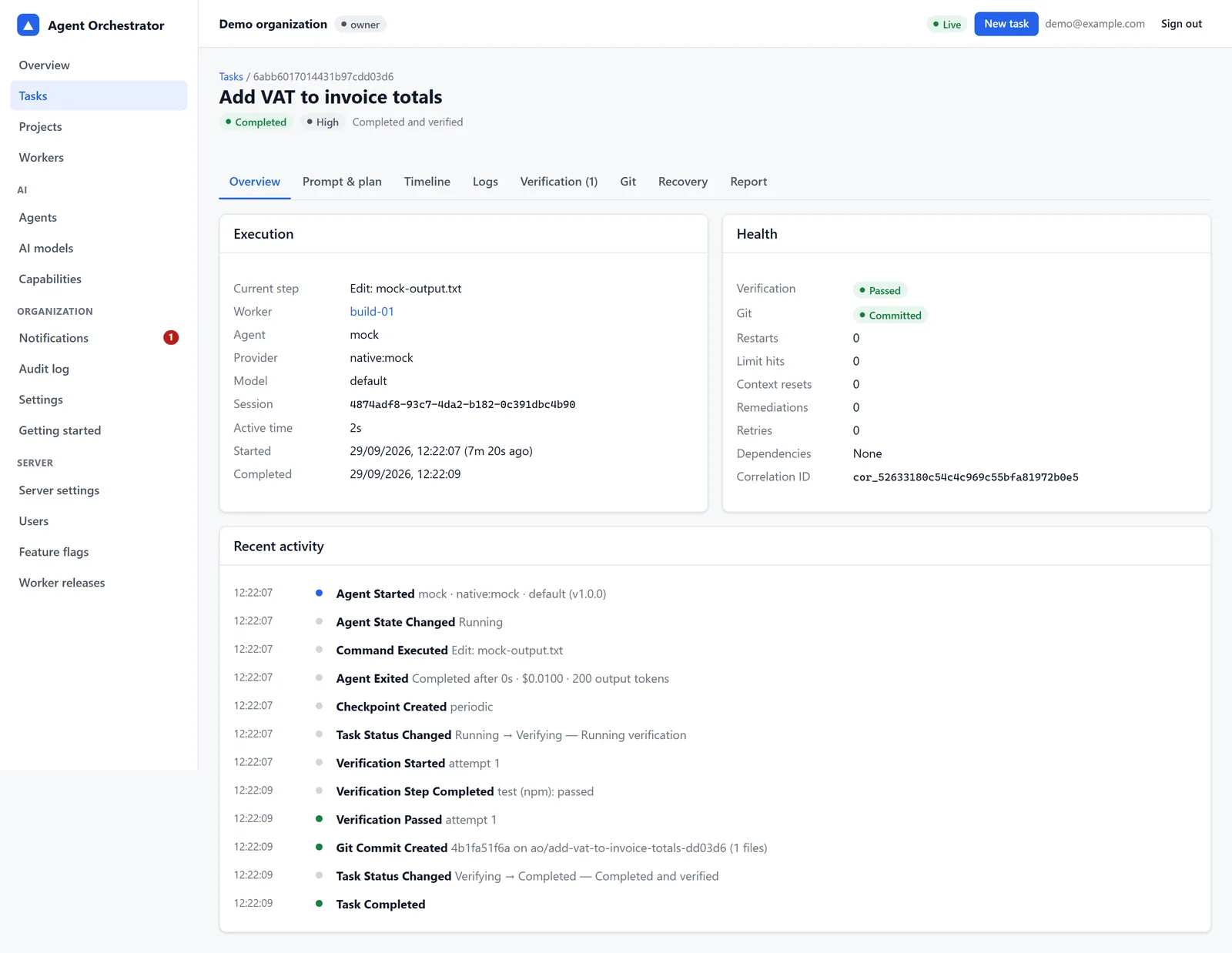 Task detail in the dashboard: completed and verified, with verification passed, Git committed on a task branch, and a timeline from agent start to task completed.